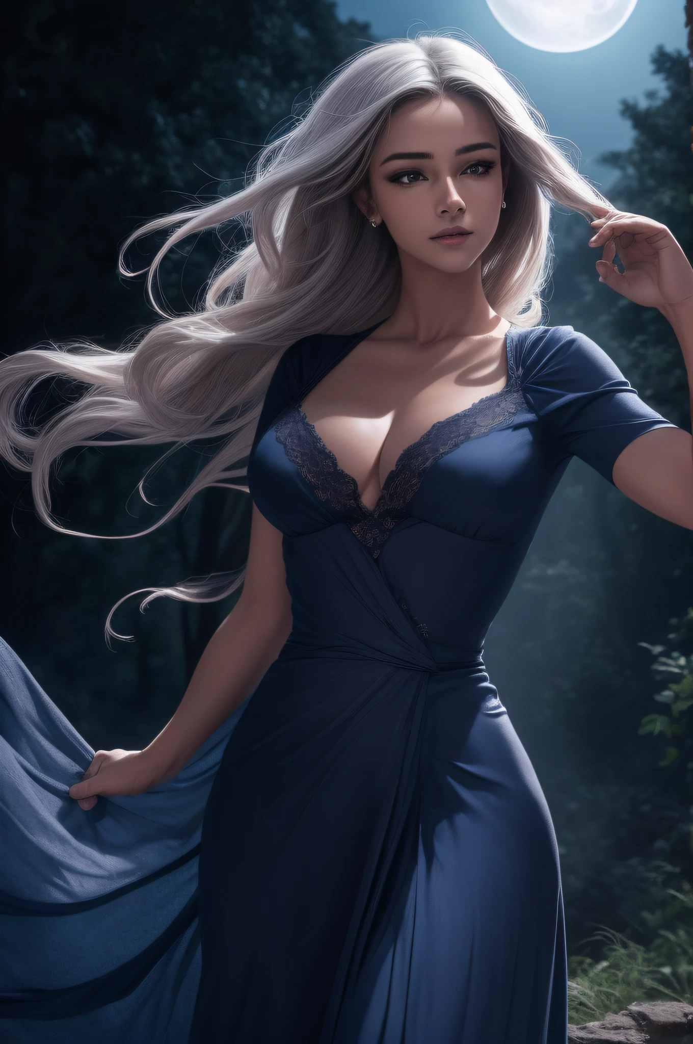 ( Qualidade 8k ), ( Melhor qualidade ), ( Ultra HD ), ( Anatomia do personagem perfeita ), ( perfect lighting ), ( Foto corpo inteiro 8k ), ( Detalhamentos perfeitos ), ( Detalhes do personagem perfeitos ), ( Details of the perfect setting ), ( Obra Prima ), ( Simetria do rosto do personagem perfeito ), ( Construction of the body of the delicate woman character ), Uma linda bruxa, cabelos lisos azuis, olhos rosas, com corpo perfeito, rosto perfeito, torso, pernas, Arms, usando um lindo vestido longo e formal preto reluzente, com capuz, com um manto sobre seu vestido, (( Manto intrincado )), (( Mantle fluttering in the wind )), raising one hand to the moonlight evoking rays of the Blue Full Moon, (( Evocar Raios )), (( cinematographic effect )), beautiful countryside setting with forest background at night of Blue Full Moon