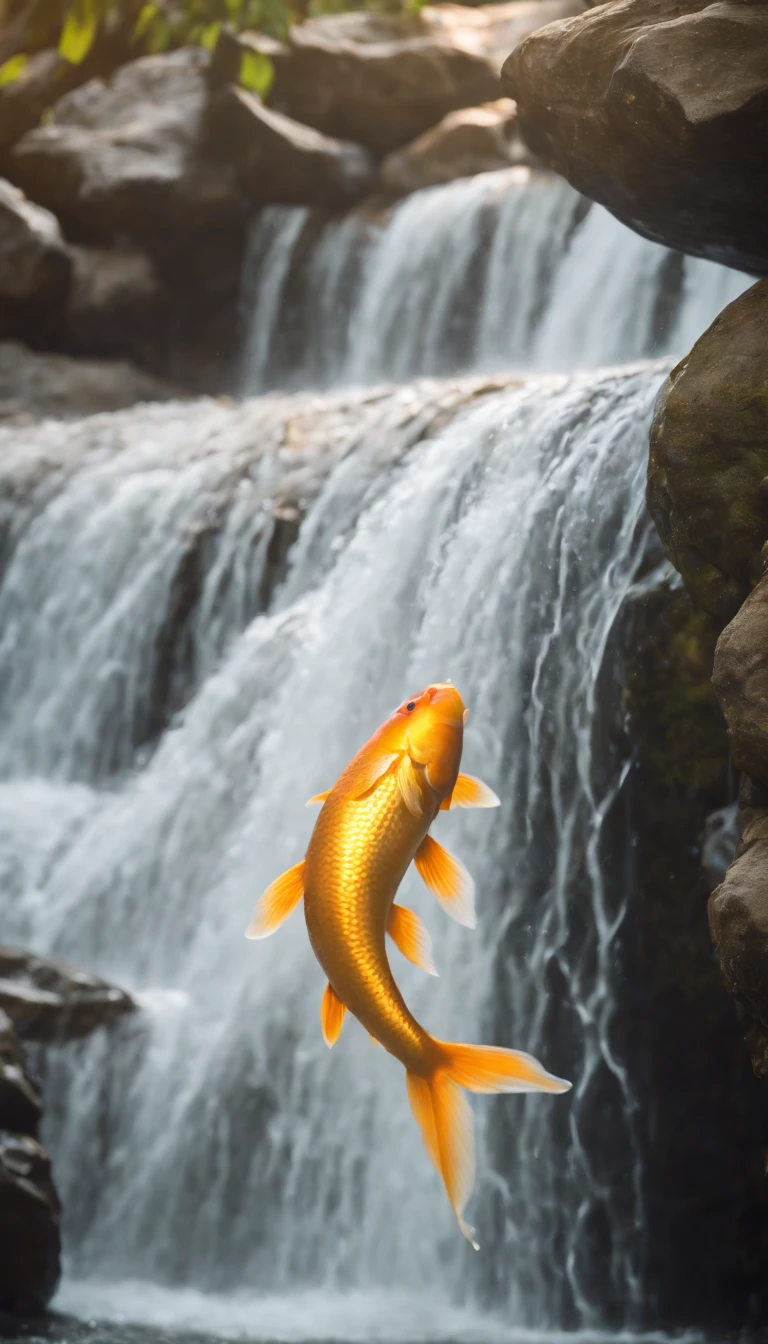 8K.Golden carp、Background Golden Waterfall、Climbing a waterfall、up