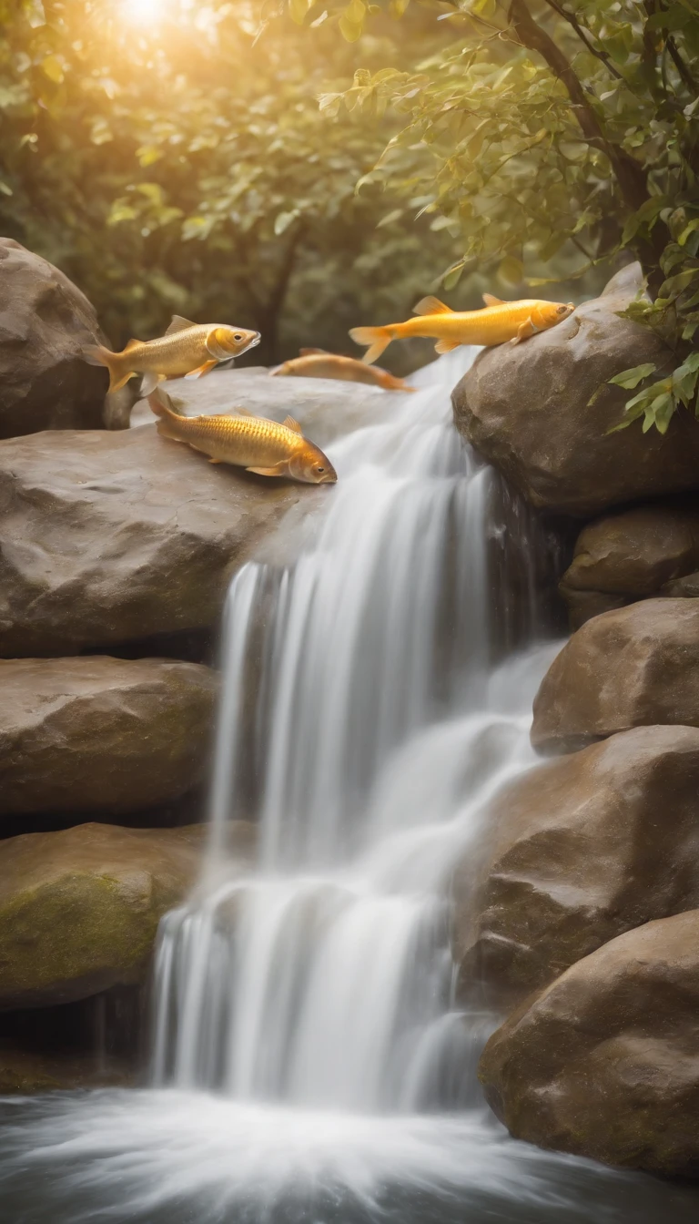 8K.Golden carp、Background Golden Waterfall、Climbing a waterfall、up