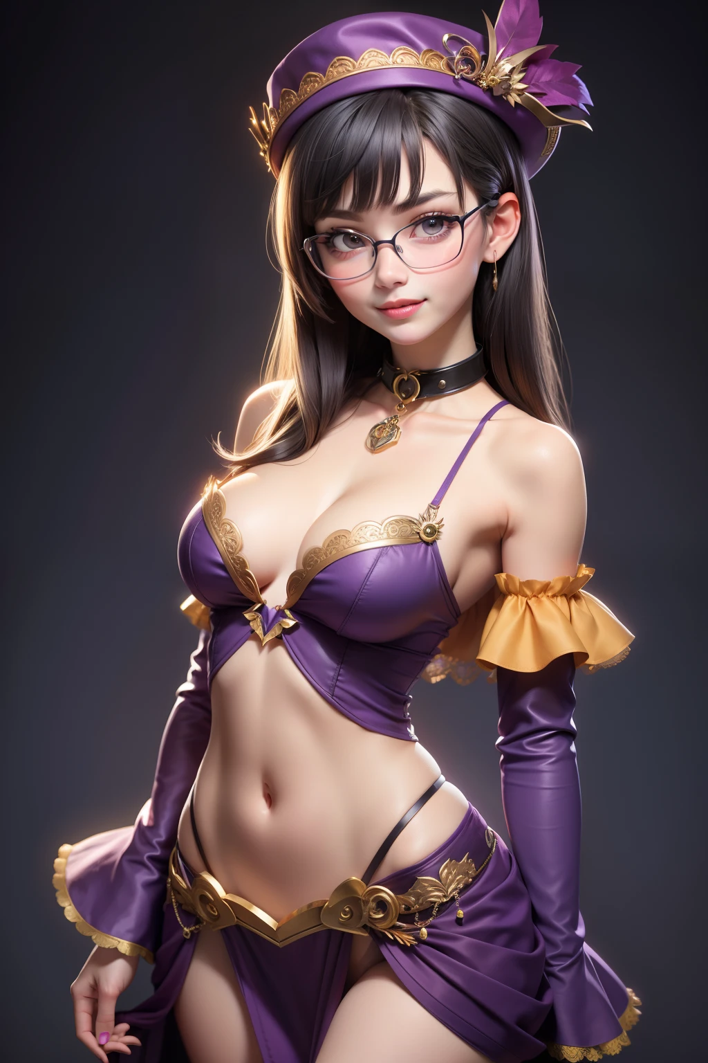 1 cute girl (18yo) glasses, upper body, slim waist, small breast, sexy pose, naugthy face, bangs, random hairstyle, cleavage, navel, collar, collarbone, off shoulder, seductive smile, wear intricately detail hot and sexy outfit, warlock costume, wear unique hat, purple and yellow color, upper body. flat gray color for background