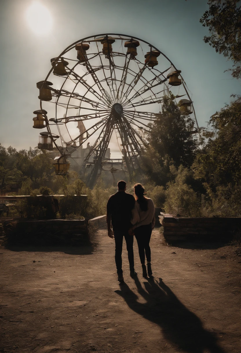 A man and a girl and a girl in an abandoned amusement park, sun sunset, You only see silhouettes of the man and the girl. the Last of Us, Joel e Ellie