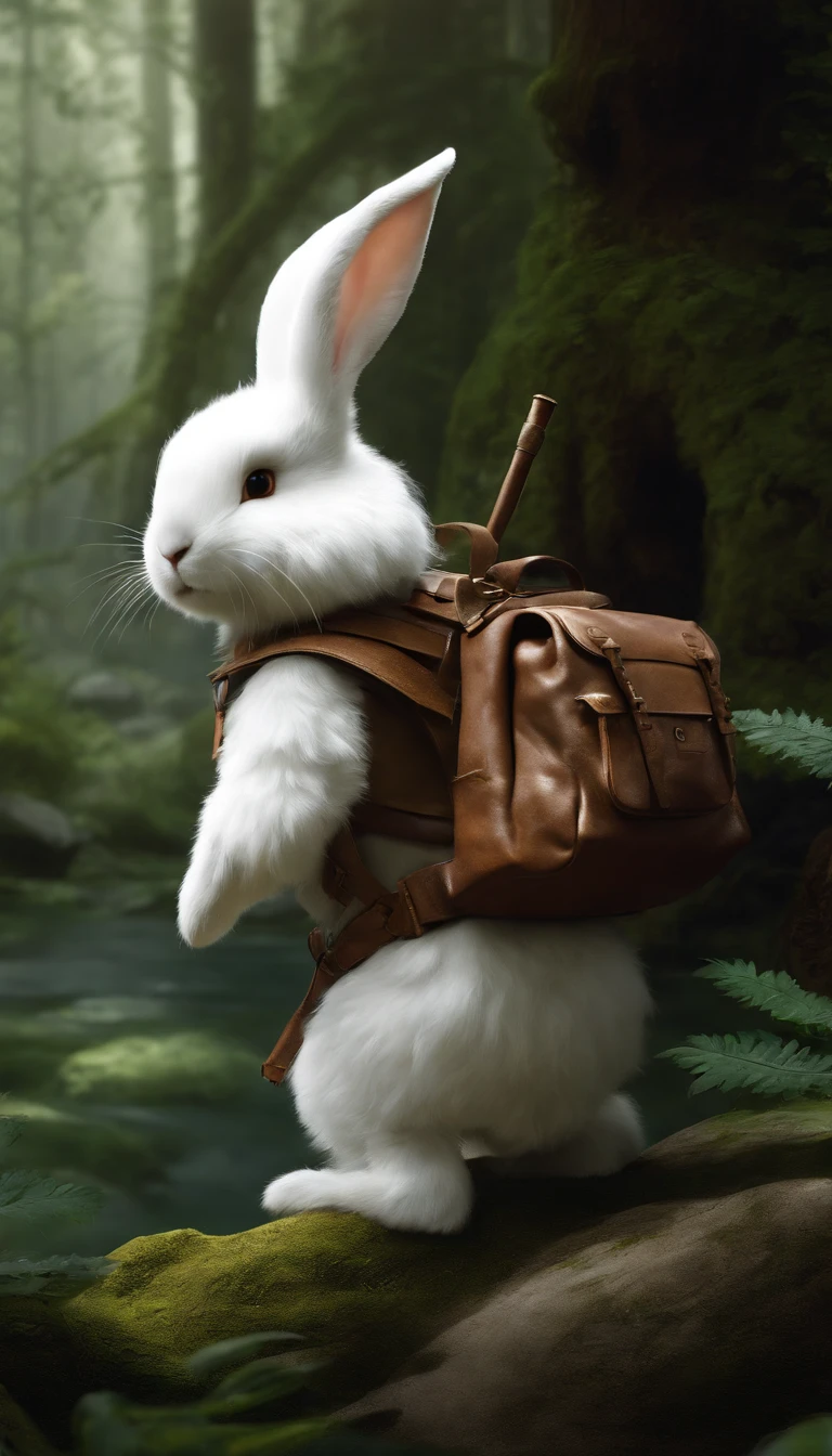 Classic negative portrait photo, fantasy video game character concept art, a cute white fluffy rabbit with a small brown leather backpack looking at a map hiking through the forest, dungeons and dragons, fantasy, river, haze, halo, Bloom, dramatic atmosphere, dark fantasy film of the 1970s, centered, rule of thirds