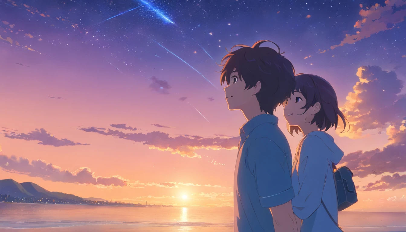 masterpiece、top-quality、Movie stills、1girl、1boy、a smile、I'm embarrassed、stare at each other、starrysky、a closeup、happiness