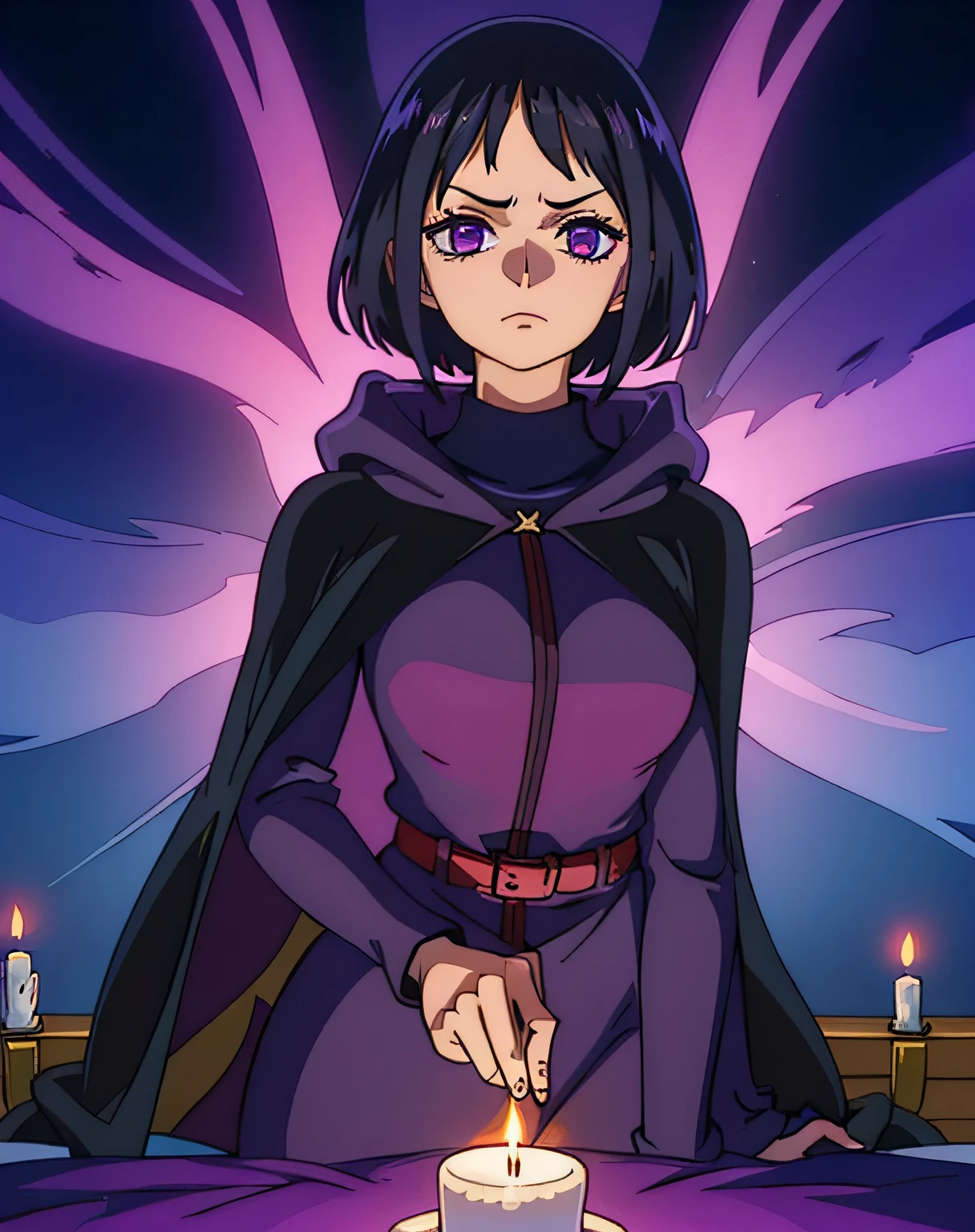 disdainful sorceress. bindi. short black hair. purple hood up. purple cape. black turtleneck dress. light gray pantyhose. performing a ritual in her dark bedroom. dim flickering candles. volumetric light. looking scornfully at viewer.