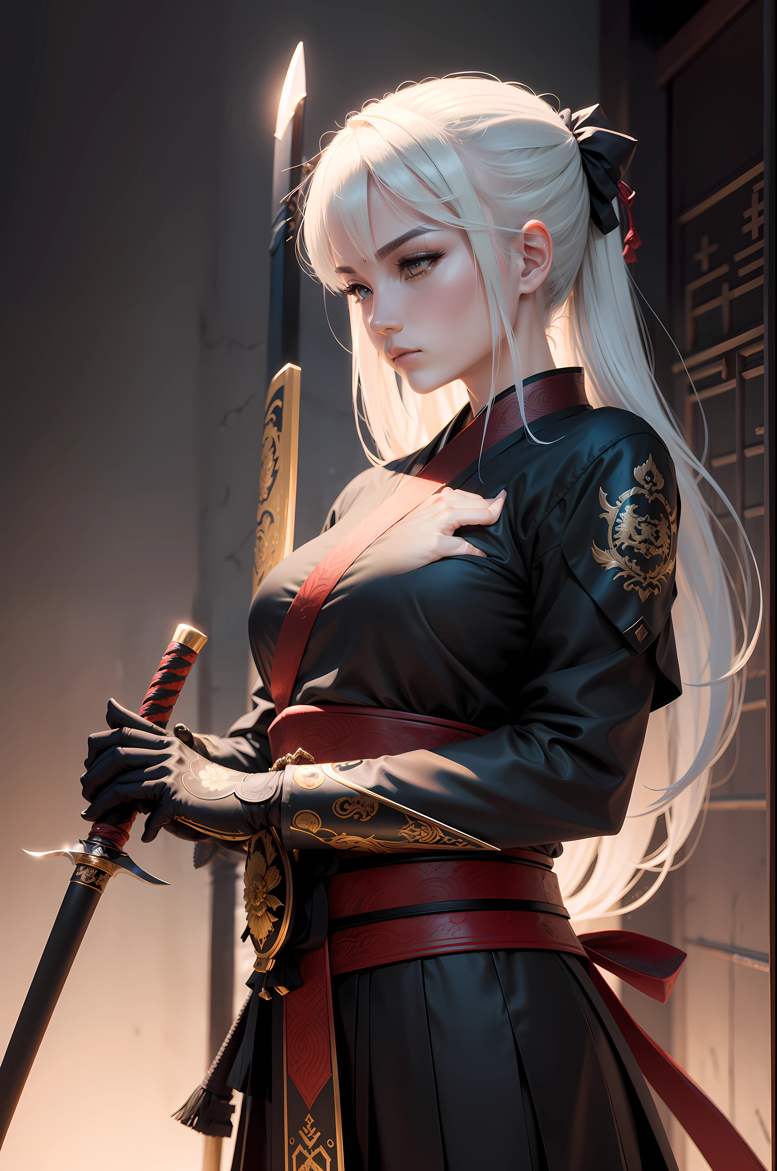 The katana is the embodiment of Japanese artistry and martial tradition. Its blade, a gleaming masterpiece, is forged from the finest Tamahagane steel, expertly folded thousands of times to create its signature strength and razor-sharp edge. The handguard (tsuba) features an intricate design of cherry blossoms in full bloom, symbolizing the fleeting beauty of life. The hilt (tsuka) is wrapped in black silk ito, offering a comfortable and secure grip.

The scabbard (saya) is a work of art in itself, lacquered with a deep, glossy black finish and adorned with golden accents depicting dragons in flight. Pulling the blade from the scabbard is a testament to the katana's elegance and precision. It is not just a weapon but a symbol of honor and tradition, a reflection of the warrior's soul.