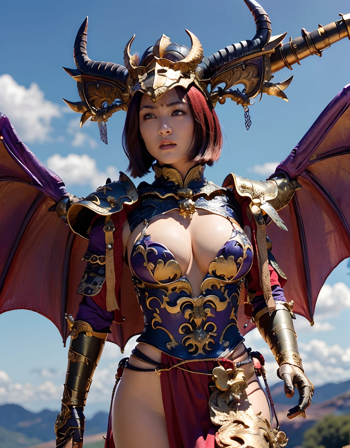 Professional , ​masterpiece、top-quality、photos realistic , depth of fields 、（Dragon Blue Metal Body:1.９),(Enamel purple、（cleavage of the breast）、Mystical expression、Dragon Gold Weapon、（Red Micro Bikini Armor:1.４),Gorgeous gold weapons ,Particles of light、（（ Dragon's dense and gorgeous sword）） , （demonic wings）、（（a blond））、（Castle background）、（（Gangle's forest background））、（（Fight dragons））、Beautiful Caucasian beauty、１a person、dynamic ungle,(((Detailed and ornate dragon helmet)))、Smaller head、A smile、Castle background、Thin and beautiful female hands、cleavage of the breast、Soldier in iron armor on background、Mystical expression、Light Effects、intense fighting、Wind-effect、magic circles、With the legendary magic wand、Dragon's tail、explosions、Anatomically correct body、