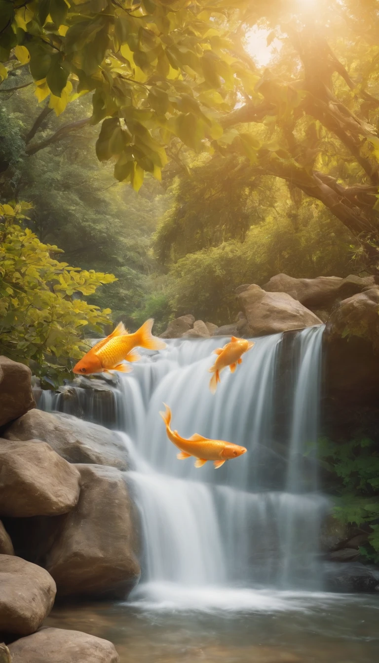 8K.Golden carp、(Background Golden Waterfall)、Climb the waterfall、(Carp up)、Beautiful fece、Lively