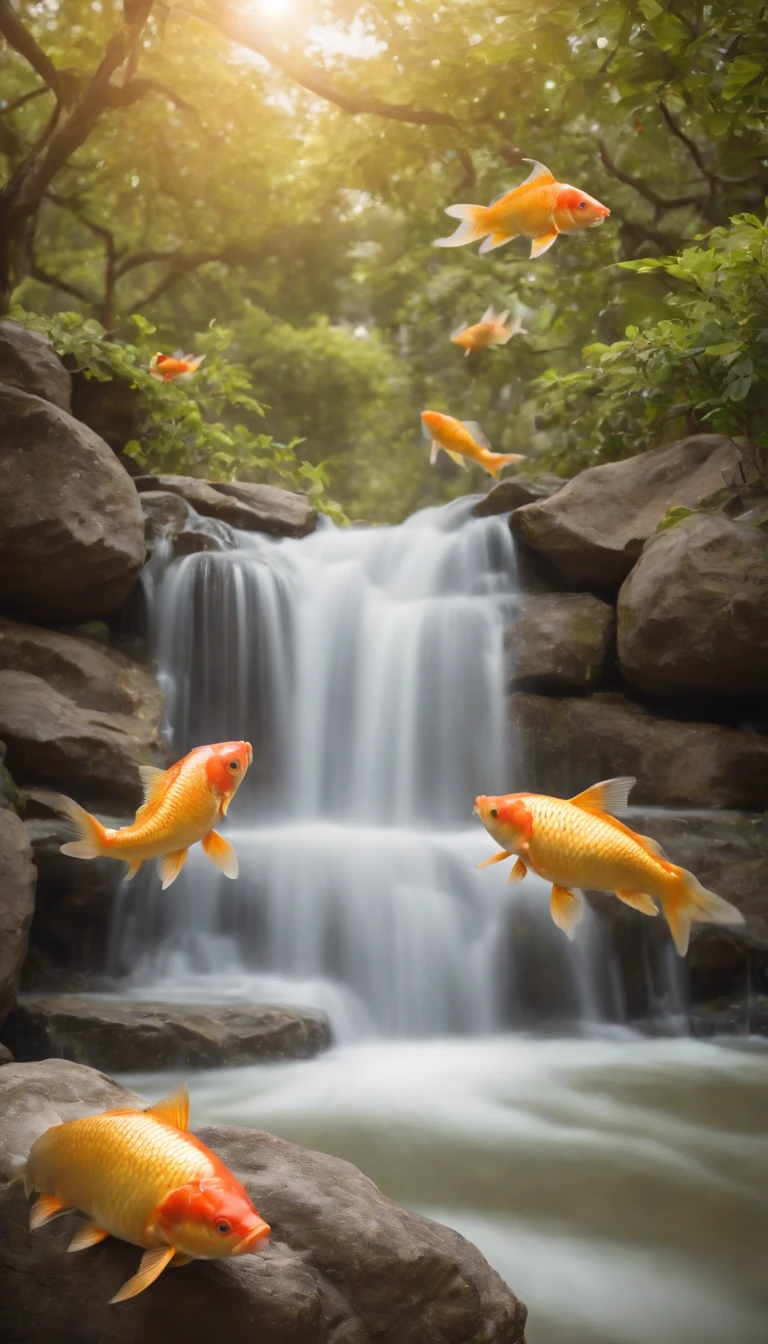 8K.Golden carp、(Background Golden Waterfall)、Climb the waterfall、(Carp up)、Beautiful fece、Lively