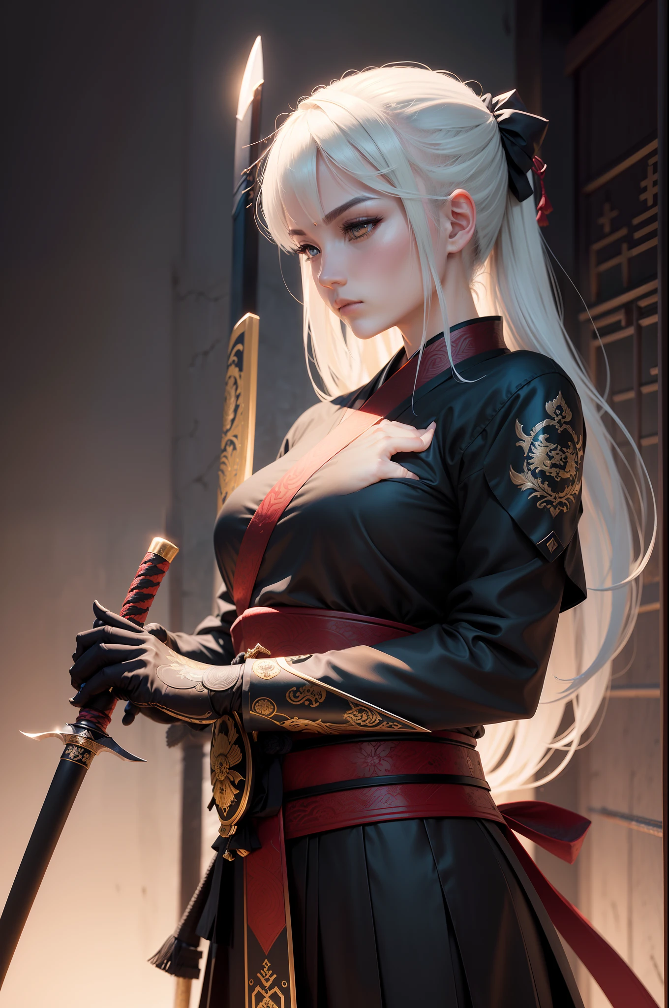 The katana is the embodiment of Japanese artistry and martial tradition. Its blade, a gleaming masterpiece, is forged from the finest Tamahagane steel, expertly folded thousands of times to create its signature strength and razor-sharp edge. The handguard (tsuba) features an intricate design of cherry blossoms in full bloom, symbolizing the fleeting beauty of life. The hilt (tsuka) is wrapped in black silk ito, offering a comfortable and secure grip.
The scabbard (saya) is a work of art in itself, lacquered with a deep, glossy black finish and adorned with golden accents depicting dragons in flight. Pulling the blade from the scabbard is a testament to the katana's elegance and precision. It is not just a weapon but a symbol of honor and tradition, a reflection of the warrior's soul.