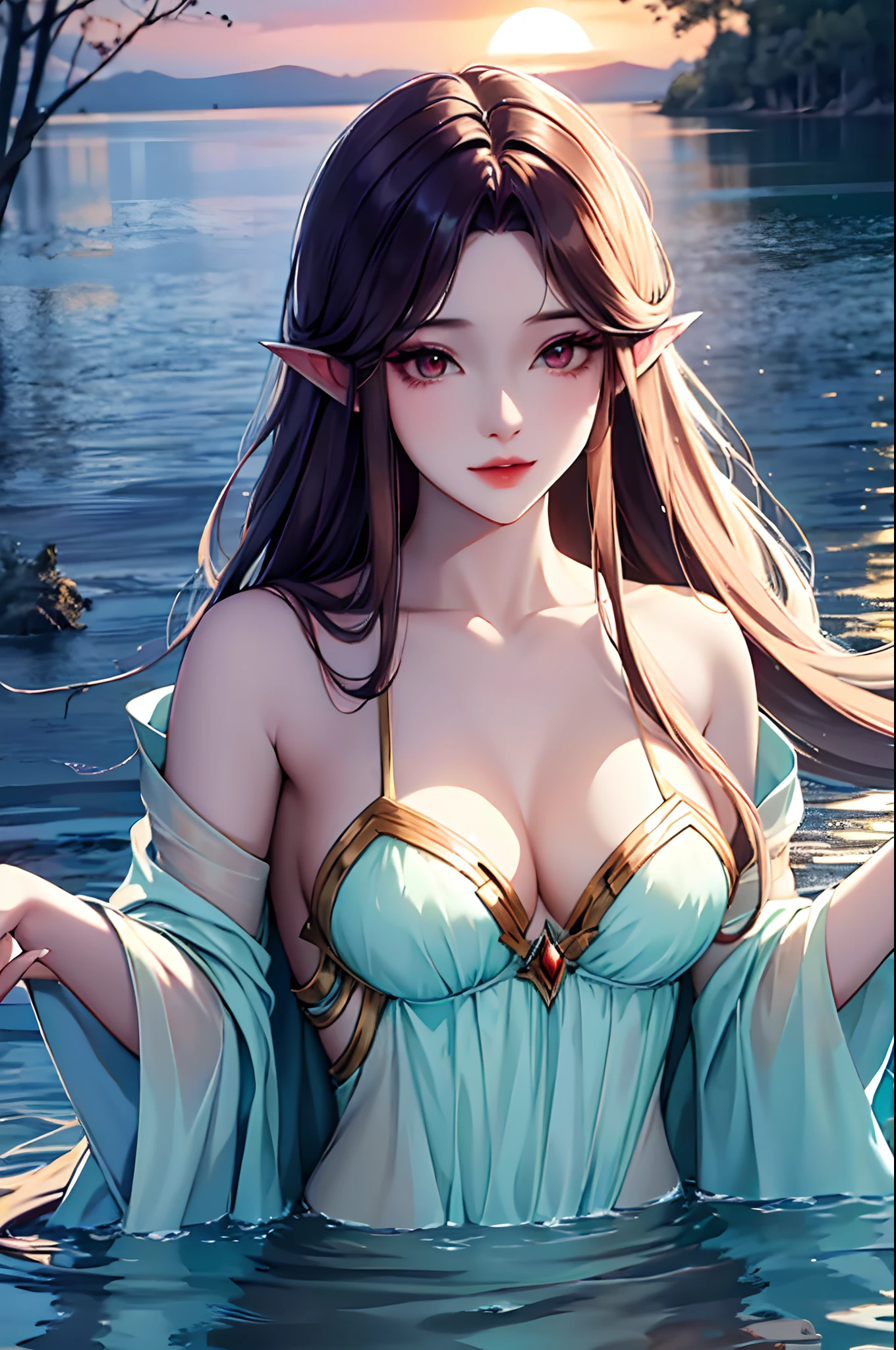 pulchritudinous, malevolent water nymph, her enchanting form mostly concealed beneath the glistening waters of a tranquil lake as the sun dips below the horizon, casting a mystical and eerie glow on the scene.