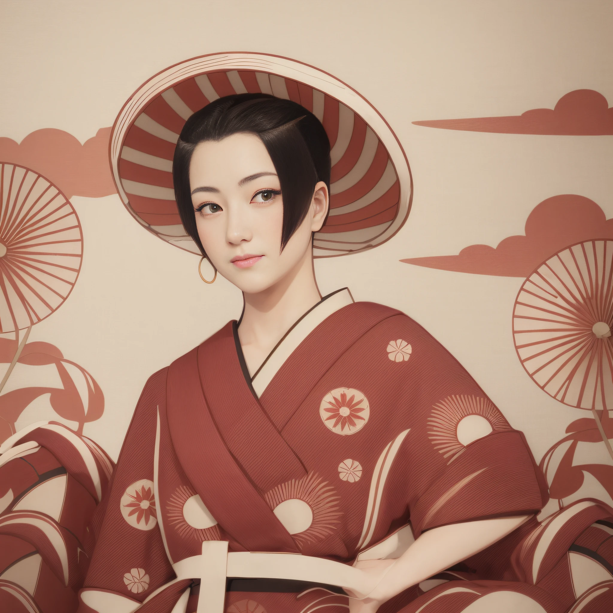 There's a woman in a kimono, com um guarda-chuva vermelho, Agricultora Japanessa, Mulher japonesa, inspirado em Nishikawa Sukenobu, inspired by Itō Shinsui, No estilo de arte de Ukiyo - E, in illustration style digital, mulher japonesa elegante, Japanese related to flowers, japanese art style, japanese illustrator, japanese cartoon style.