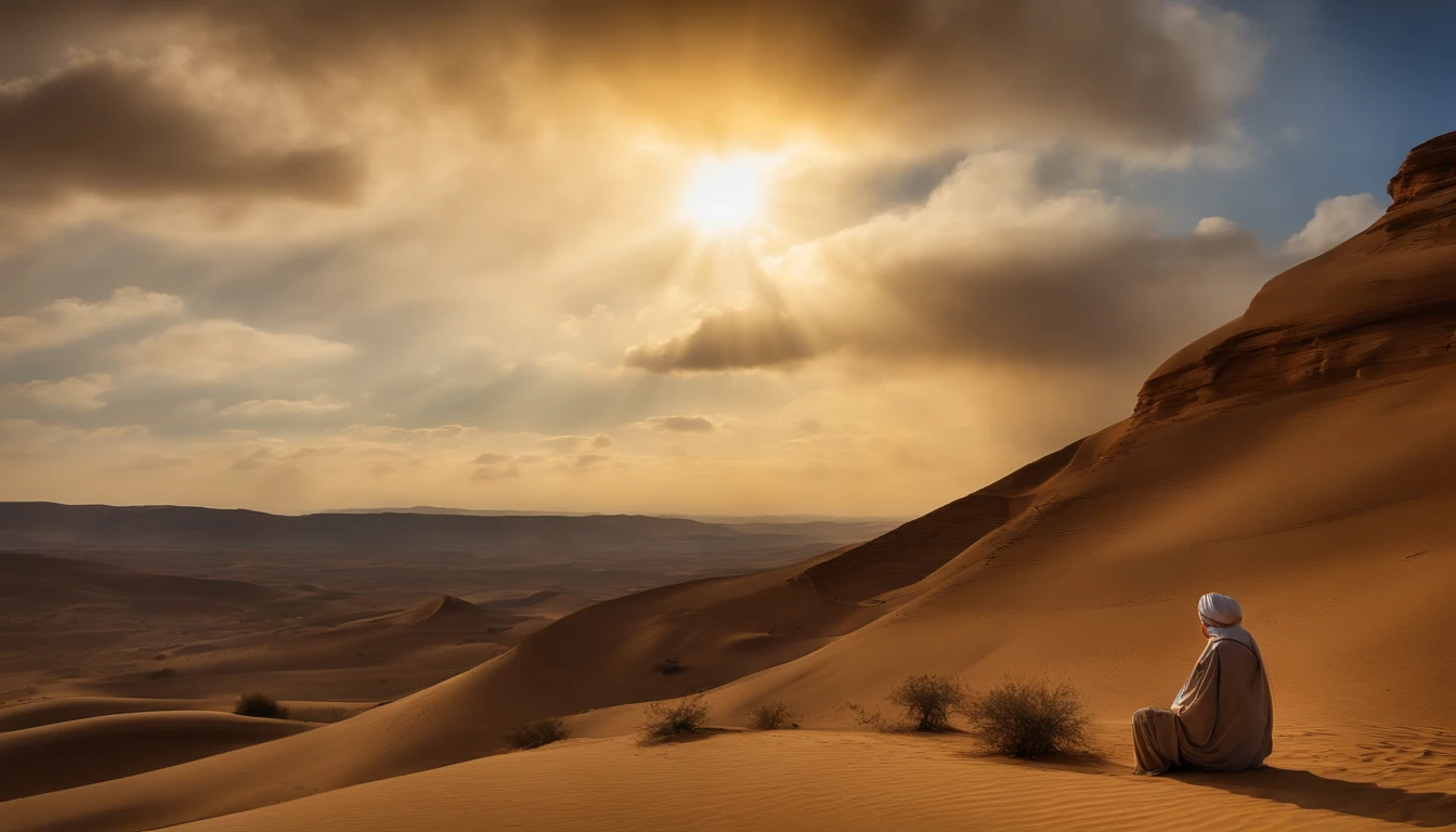 fazer um rei de israel de joelhos, praying and asking God for protection, pano de fundo o deserto, his eyes looking up at the sky and a light under his head ((ultra detalhado)), ((alta qualidade)), ((hiper realista) ) ((tamanho 1280px por 720px))