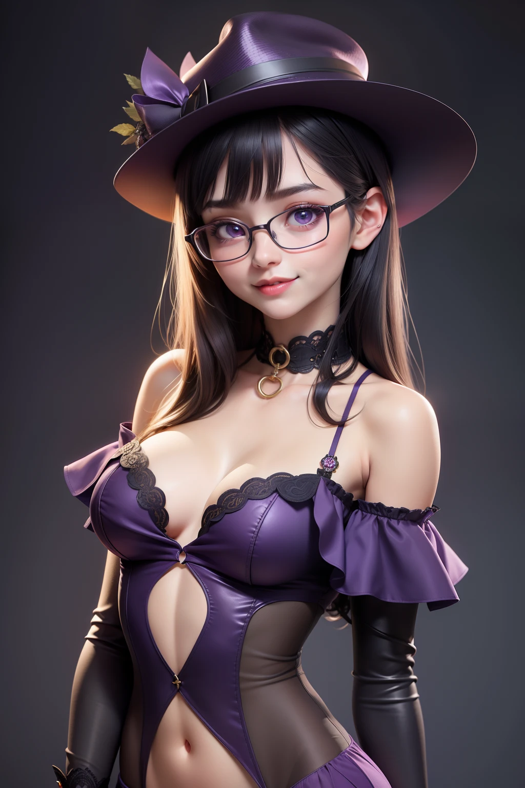 1 cute girl (18yo) glasses, upper body, slim waist, small breast, sexy pose, naugthy face, bangs, random hairstyle, cleavage, navel, collar, collarbone, off shoulder, seductive smile, wear intricately detail hot and sexy outfit, vampire costume, wear unique hat, shiny dark purple color, upper body. flat gray color for background