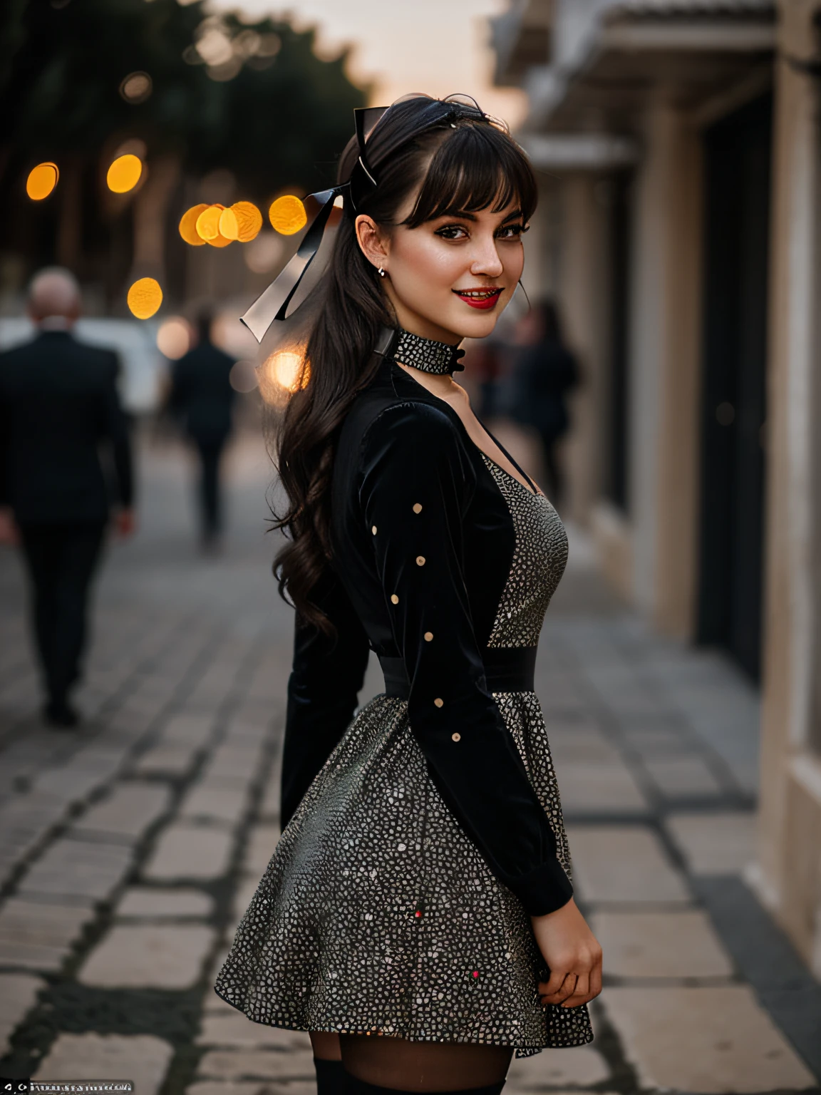 (sharp focus: 1.2), photo (full body) (American flat), smiling, attractive 25-year-old, in greece, (beautiful face: 1.1), detailed light brown eyes, delicious lips, (eye makeup: 0.85), (medium breasts: 1.0), (firm body: 1.2), (soft long black hair: 1.2), (long bangs:1),wearing (cute dress) stockings, choker, hairbow, (moderate lighting: 1.2), depth of field, bokeh, 4K, HDR. Miss Universe, cover photo. ((skin with small spots and wrinkles), , (moody lighting: 1.2), depth of field, bokeh, 4K, HDR