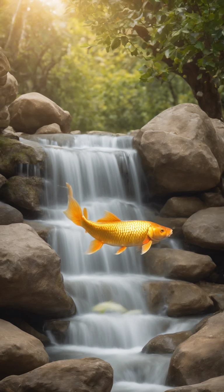 8K.Golden carp、(Background Golden Waterfall)、Climb the waterfall、(Carp up)、Beautiful fece、1animal