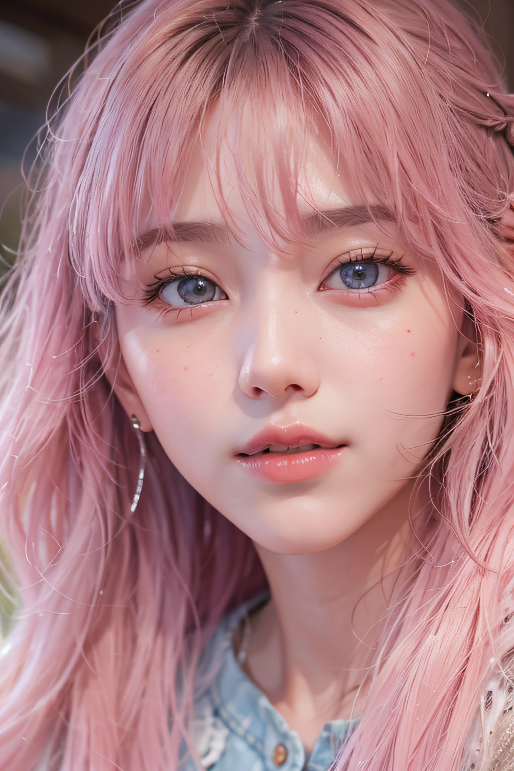 (masterpiece,best quality,photorealistic):1.4, closeup portrait of 25yo woman, ultra high detailed skin,pores,skin oil, medium wavy hair, pink-blue mix colored hair, mix korean-american woman, saphire blue eyes, makeup:0.3, off shoulder, lite smile, delicate eyes, real face, real skin, beautiful, high resolution, high detailed, high quality, 8k