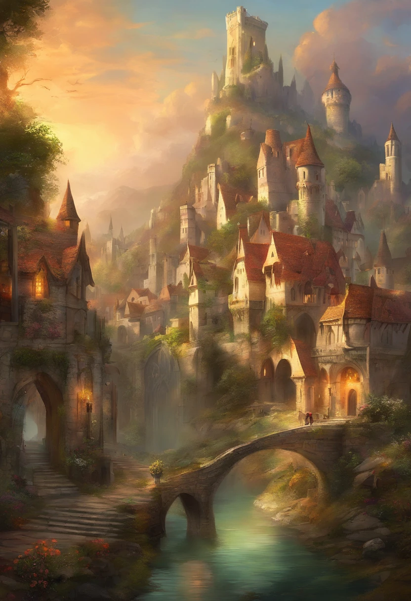 Medieval fantasy town, enorme ciudad, hermosa ciudad con jardines, monumentos, palacios y bellos edificios, Magnificent fantasy city