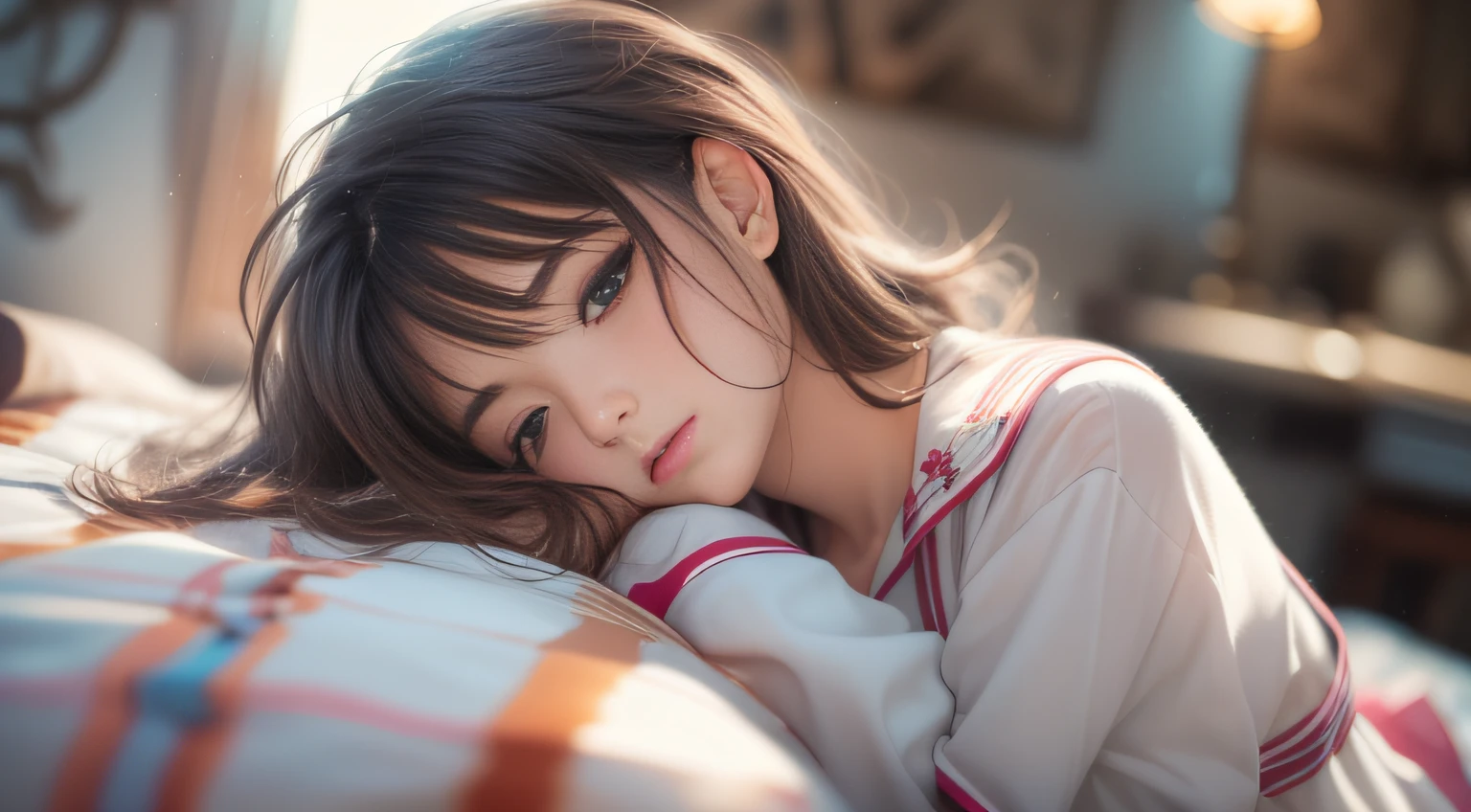 sideshot,a closeup,FULL ANATOMY,ultimate beauty girl，small tits，Woman lying on bed in Western-style building, Girl sleeping in sailor suit，photo taken with sony a7r, Realistic Young Gravure Idol, Anime. Soft lighting, taken with canon eos 5 d mark iv, Photograph Taken on Nikon D750, Photo taken with Nikon D 7 5 0, the face of a beautiful Japanese girl,taken with canon 5d mk4，((smooth hair，detailed hairs，Very fine hairs))，slim figure,extremely detailed eye and face、beatiful detailed eyes,Tsurime,Cool color makeup，light glow，Expro II，Lens Flare，Sharpen，