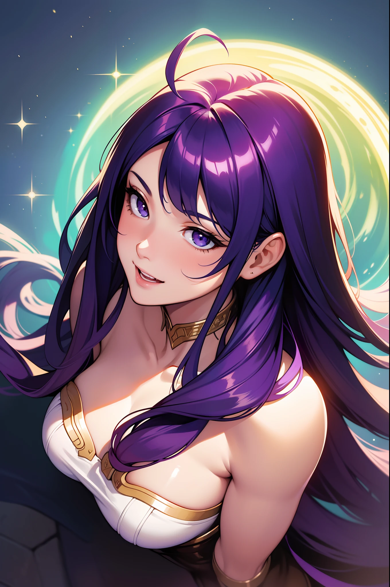 masterpiece, best quality, beautiful detailed hair detailed face, perfect feminine face, (happy:1.2), open mouth, smiling, (close-up potrait:1.2), a beautiful and cute girl with sparkling and glowing purple hair, ahoge, side hair, (gigantic breasts:1.2), huge cleavage, large areolaes, nipples, very long hair, (naked:1.2), floating hair by wind, shiny skin, shiny foreheads, (sparkle particle), lens flare, sharp focus, volumetric lighting, trending on artstation, pixiv, by sakimichan, george kamitani, akira yasuda, alphonse mucha, greg rutkowski, gil elvgren, william-adolphe bouguereau
