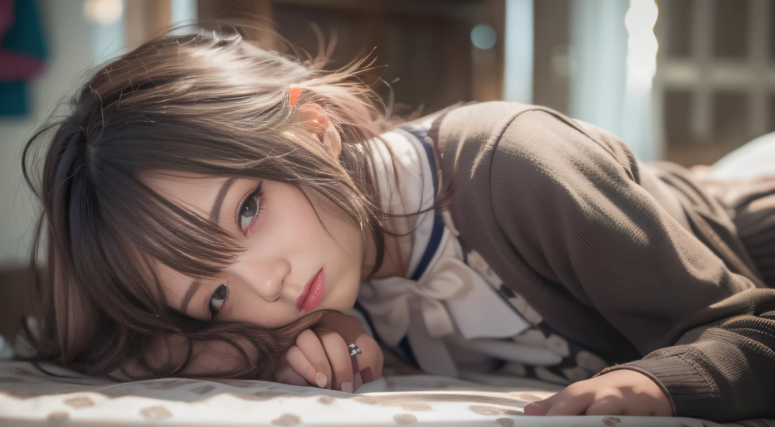 sideshot,a closeup,FULL ANATOMY,ultimate beauty girl,small tits,Woman lying on bed in Western-style building, Girl sleeping in sailor suit,photo taken with sony a7r, Realistic Young Gravure Idol, Anime. Soft lighting, taken with canon eos 5 d mark iv, Photograph Taken on Nikon D750, Photo taken with Nikon D 7 5 0, the face of a beautiful Japanese girl,taken with canon 5d mk4,((smooth hair,detailed hairs,Very fine hairs)),slim figure,extremely detailed eye and face、beatiful detailed eyes,Tsurime,Cool color makeup,light glow,Expro II,Lens Flare,Sharpen,