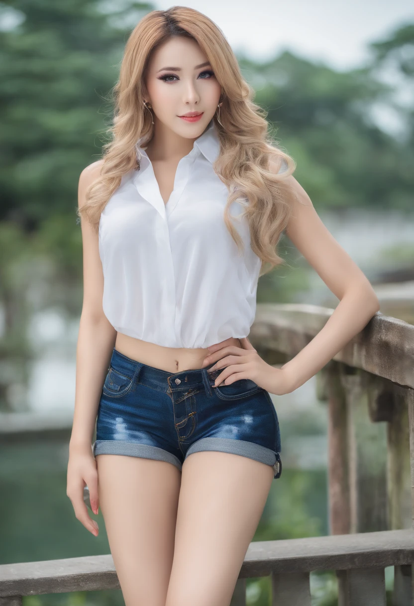 gyaru, Medium hair, Wet hair, hair slicked back, view the viewer, Multicolored eyes, Large breasts, Sleeveless shirt, Short shorts, The shirt, Neck garter, Sam_polypubic hair, Crotch_Cord,upper legs，blacksilk，Full body photo，standing on your feet