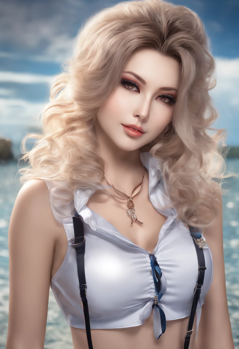 gyaru, Medium hair, Wet hair, hair slicked back, view the viewer, Multicolored eyes, Large breasts, Sleeveless shirt, Short shorts, The shirt, Neck garter, Sam_polypubic hair, Crotch_Cord,upper legs,blacksilk,Full body photo,standing on your feet