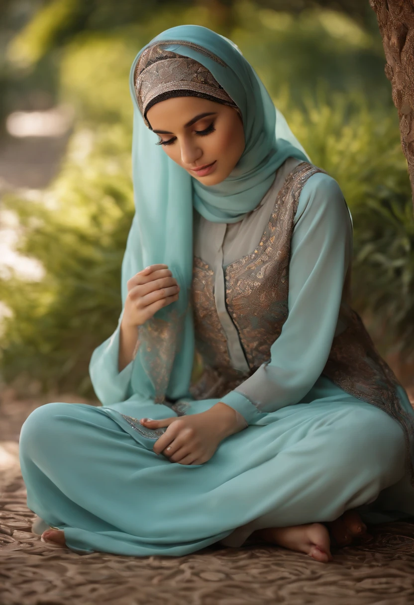 3DMM, ((Masterpiece, best quality, photography, detailed skin, Pixer movie style, photo-realistic, 8k, highly detailed, full length frame, High detail RAW color art, diffused soft lighting, shallow depth of field, sharp focus, hyperrealism, cinematic lighting, hijab, a girl in a beautifully makeup, smokey eyeshadow, beautiful big eyes, long eye lashes, wearing (aqua satin hijab), loosely tide hijab style, ((gray satin shirt)),toght satin abaya, reading while listening to music, headphone, laying under tree, garden, karachi park, hot mom, Aunty in satin abaya, curvy figure