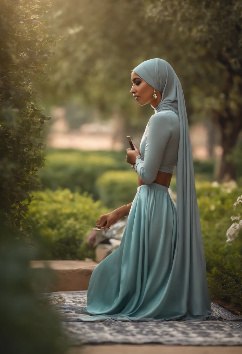 3DMM, ((Masterpiece, best quality, photography, detailed skin, Disney style, Pixer movie style, photo-realistic, 8k, highly detailed, full length frame, High detail RAW color art, diffused soft lighting, shallow depth of field, sharp focus, hyperrealism, cinematic lighting, hijab, a girl in a beautifully makeup, smokey eyeshadow, beautiful big eyes, long eye lashes, wearing (aqua satin hijab), loosely tide hijab style, ((gray satin shirt)), satin long maxi skirt, reading while listening to music, headphone, laying under tree, garden