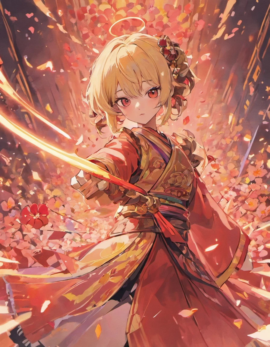 Danfeng Eyes，bushido，The upper part of the body，Black coiled hair，Simple hairpins，Cold eyes，solo person，orthofacial，frontage，Peach blossom background，Highly saturated colors，Hyper Real，8K high-definition，holding a longsword，Absolutely beautiful，high light，plethora of colors，The carpet of red brocade has been laid,Ladies standing on both sides,Where the parade passes,Petals that spread out the sky。