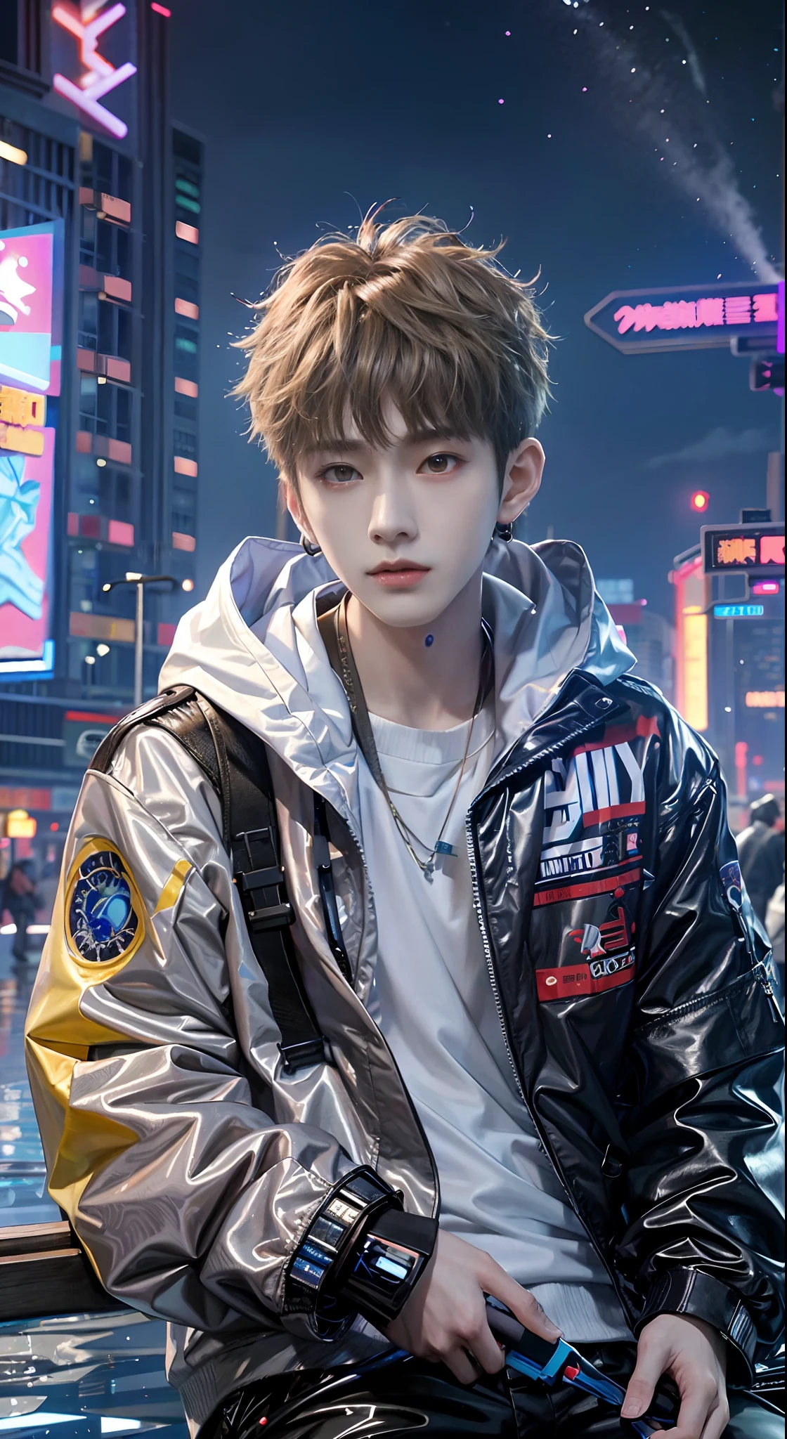 At night there was a man sitting on a city bench, Cai Xukun, inspired by Yanjun Cheng, Inspired by Bian Shoumin, yanjun cheng, Inspired by Zhang Han, Guviz-style artwork, cyberpunk streetwear, wearing cyberpunk streetwear, inspired by Russell Dongjun Lu, inspired by Huang Gongwang, Male ulzzang