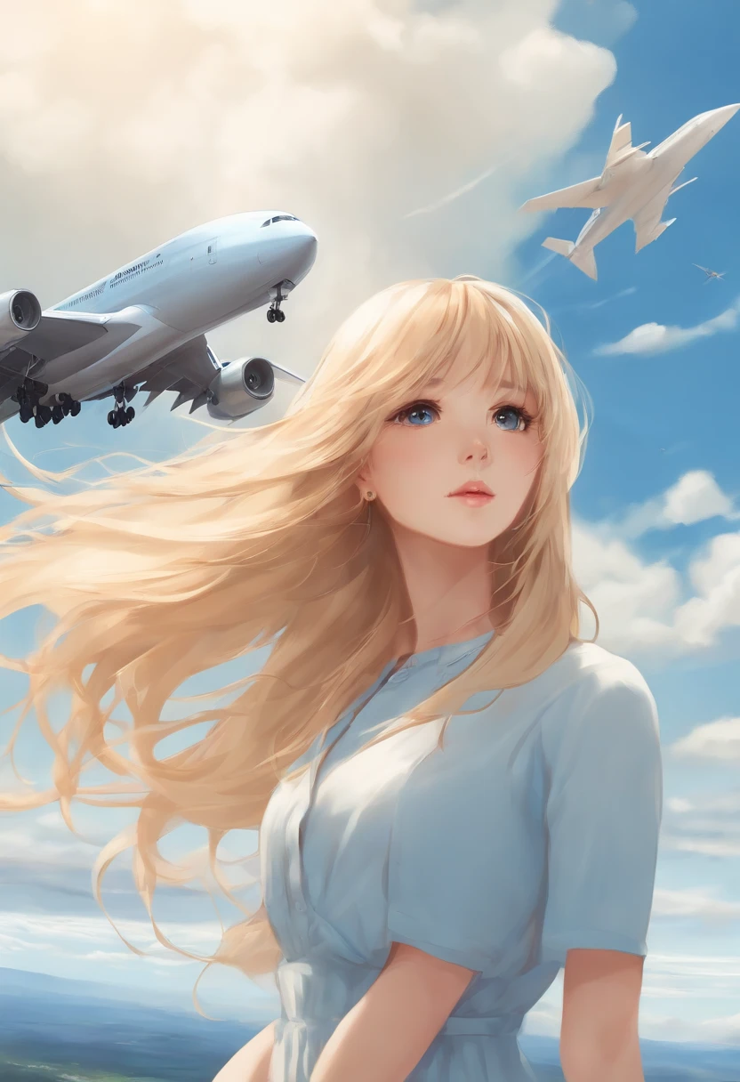 Anime girl, blond hairbl, Wear a simple light blue casual dress, long hair floating in the wind, The girl looked up at the jumbo airliner flying above her