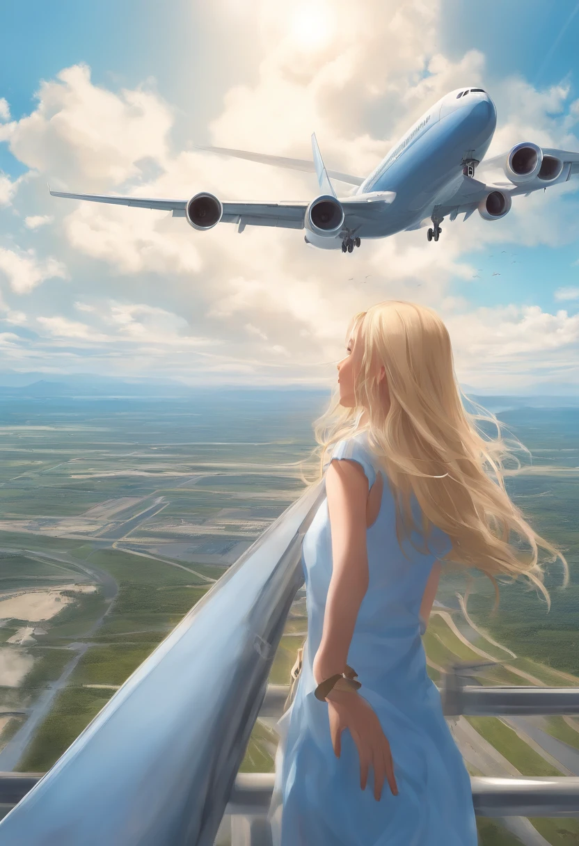 Anime girl, blond hairbl, Wear a simple light blue casual dress, long hair floating in the wind, The girl looked up at the jumbo airliner flying above her