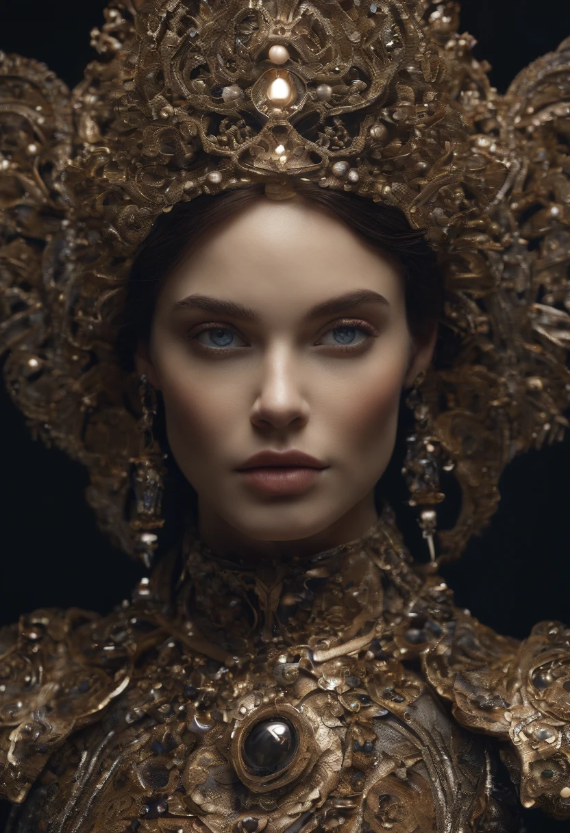 Beautiful young woman with intricate Art Nouveau design carved on her porcelain doll-like body. Embedded light-emitting cybernetic circuitry, Vibrant, realistic eyes looking at the camera. 50 millimeters, High contrast, Clean,vibrant, high resolution, Front and section views, Close up, 4K, 3d octane render, Cinematic lighting, Dynamic, Ray tracing,