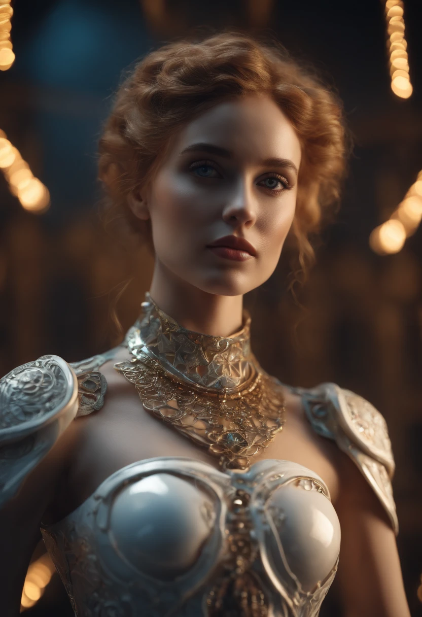 Beautiful young woman with intricate Art Nouveau design carved on her porcelain doll-like body. Embedded light-emitting cybernetic circuitry, Vibrant, realistic eyes looking at the camera. 50 millimeters, High contrast, Clean,vibrant, high resolution, Front and section views, Close up, 4K, 3d octane render, Cinematic lighting, Dynamic, Ray tracing,