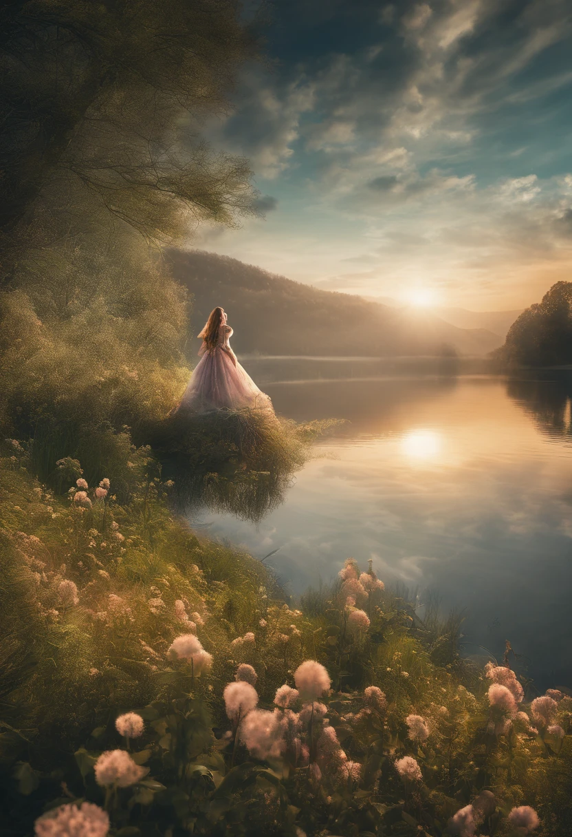 lanscape, 8k potrait of beautiful landscape with woman standing back, intricate, elegant, realistic depth of field photography, perfect natural lighting (masterpiece, sidelighting, finely detailed beautiful lanscape), long hair, realistic lots of hair, realistic suit, realistic mountain, realistic sky, beautiful sky, ray of light, rule of third photography, point of interest photography, perfect lanscape color tone, realistic lake, realistic flower, realistic grass, realistic climb, realistic tree, sureal photography,