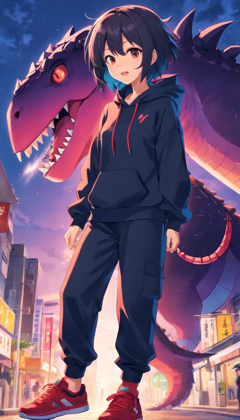 Garota de anime de cabelo roxo, Wearing black pajama pants and a cute sweatshirt that is shaped like a black dinosaur with red spines, The hood cap is the dinosaur's head.. A garota tem cabelos pretos e cumpridos, She is wearing red socks on her feet and has an amused expression.