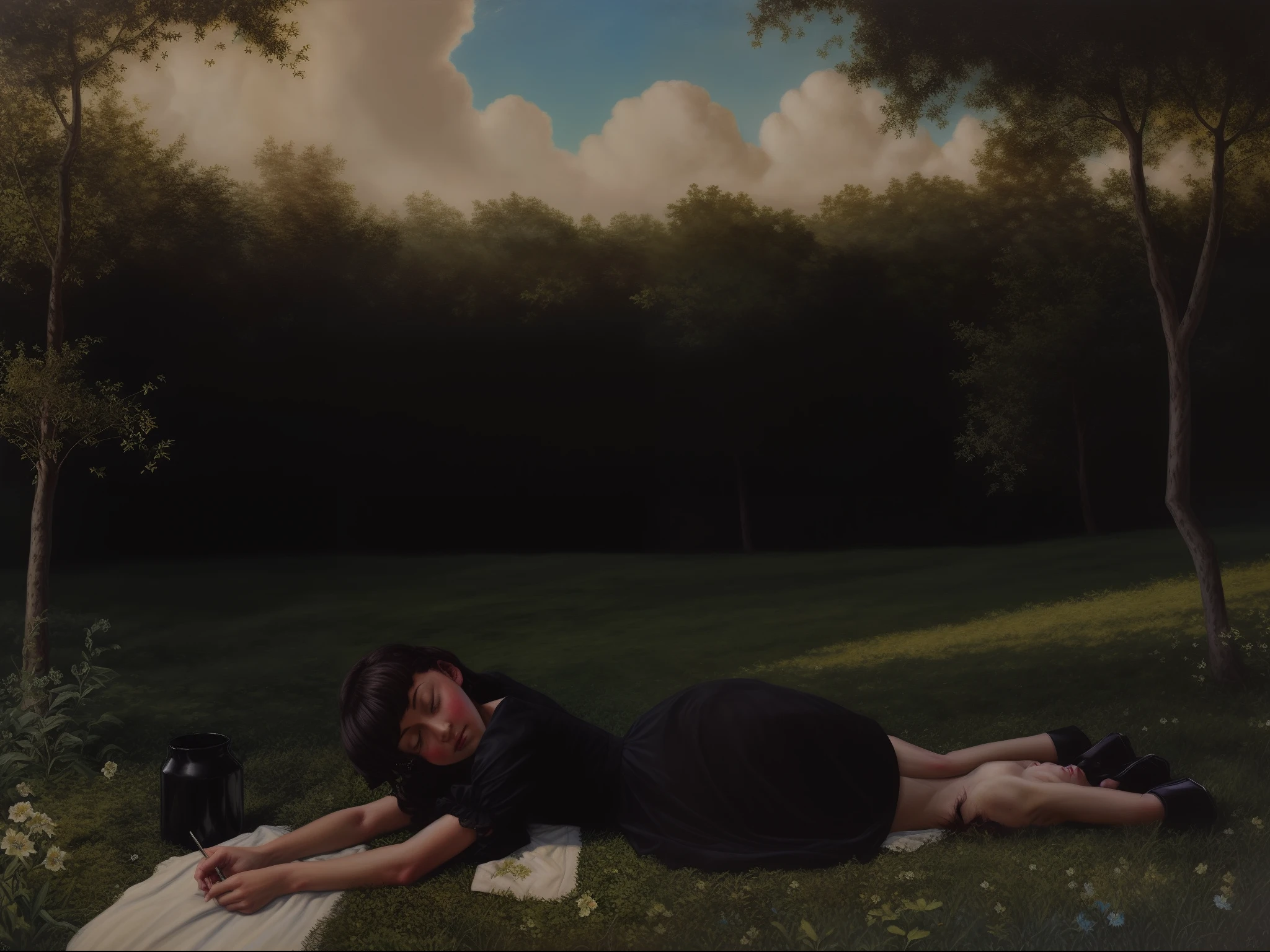 lostgirls, a painting of the back of a girl in a black dress laying in a garden filled with greenery, really light blue sky with clouds
