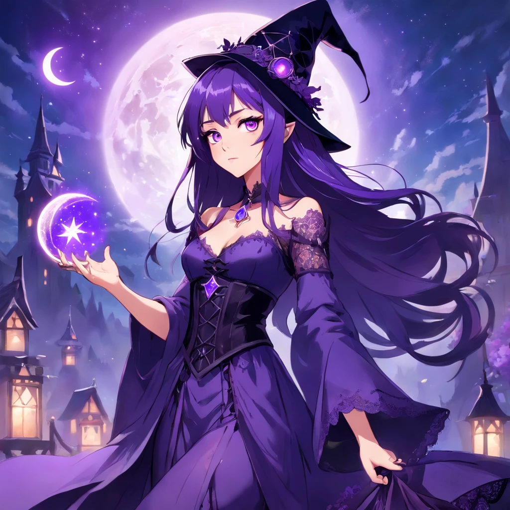 color photo of a witch with long, flowing hair cascading down to her waist, as seen in a profile view. Her hair is a lustrous shade of midnight black, with occasional streaks of vibrant purple intertwined throughout. Her violet eyes shimmer with a mysterious and enchanting glow, reflecting her otherworldly powers. Her pale, porcelain skin is flawless, giving her an ethereal appearance.The witch is dressed in a stunning, intricately designed anime-style outfit. Her attire consists of a fitted, corset-like top adorned with intricate lace patterns and adorned with mystical symbols. The top is a rich shade of deep purple, complementing her violet eyes perfectly. The witch wears a flowing, floor-length skirt made of layers of sheer, iridescent fabric that seems to shimmer with every movement.Her outfit is accessorized with a wide-brimmed, pointy hat, also in deep purple with delicate lace trimmings and adorned with a silver crescent moon charm. She wears long, fingerless gloves with intricate lace detailing, extending up to her elbows. Around her neck, she proudly wears a pendant shaped like a pentagram, a symbol of her magical prowess.The profile picture captures the witch in a mystical, enchanting environment. She stands against a backdrop of a star-filled night sky, with a crescent moon shining brightly behind her. The air is filled with a sense of wonder and magic, as if the witch is on the verge of casting a spell.The mood and atmosphere of the scene exude a sense of mystery and allure. The viewer is captivated by the witch's enigmatic presence and can't help but be drawn into her world of magic and sorcery.Captured with a high-quality camera, the photo showcases the intricate details of the witch's appearance with stunning clarity. The camera model used is a professional-grade DSLR, allowing for precise control over exposure and focus. The color film type chosen enhances the vibrancy of the purple tones, adding depth and richness to the image. The lens used is a po