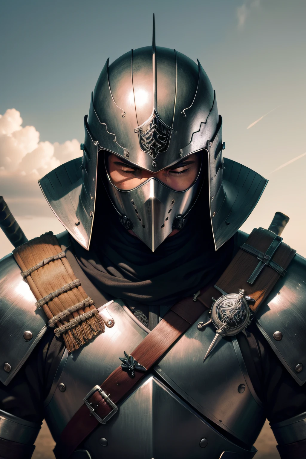 Um guerreiro samurai com armadura escura desgastada e com marcas de feridas de batalhas sentado na beira do rio apreciando o fim do dia. He's keeping his eyes closed and concentrating on his next battle that will happen soon.