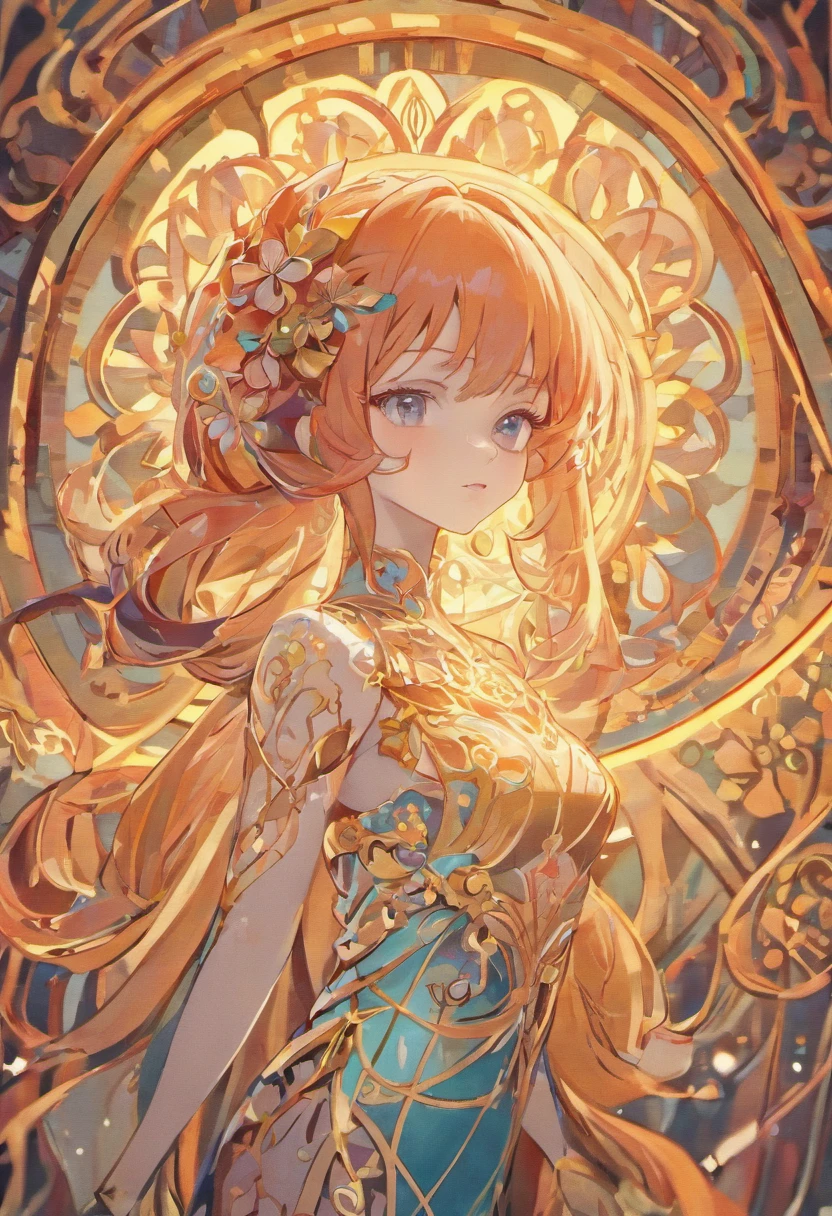 Beautiful young woman with intricate Art Nouveau design carved on her porcelain doll-like body. Embedded light-emitting cybernetic circuitry, Vibrant, realistic eyes looking at the camera. 50 millimeters, High contrast, Clean,vibrant, high resolution, Front and section views, Close up, 4K, 3d octane render, Cinematic lighting, Dynamic, Ray tracing,