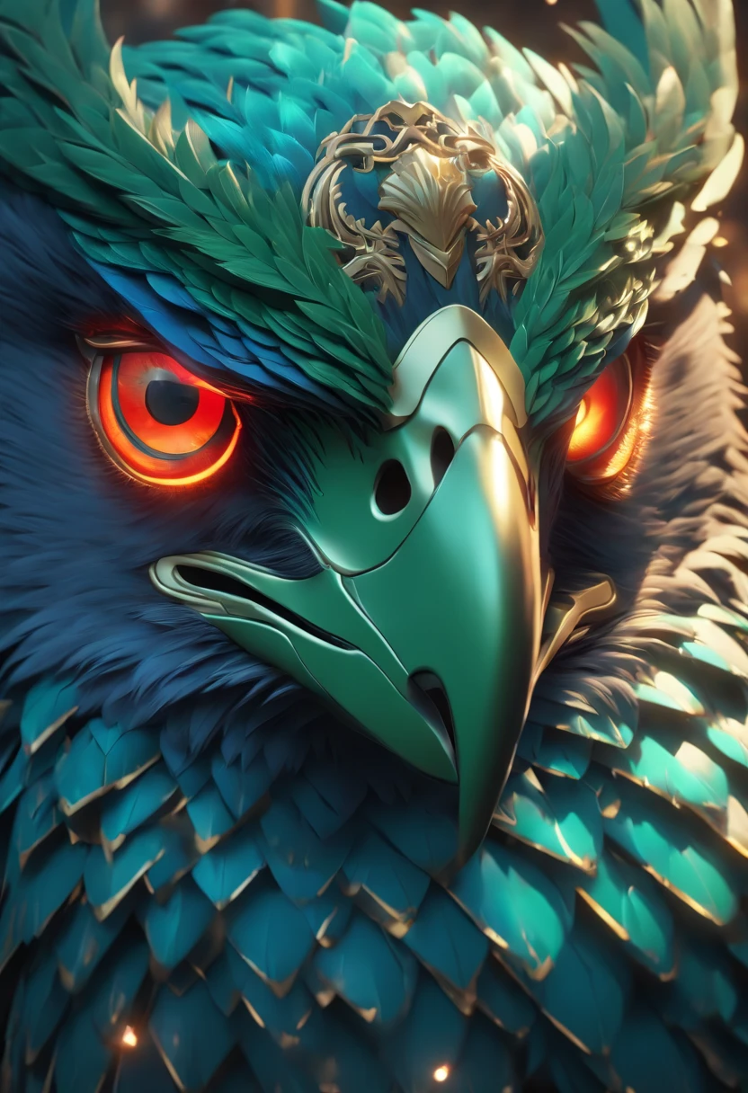 Anthropomorphic blue-headed eagle logo, Big green eyes, Lots of details, Portrait, finely detailed armor, Cinematic lighting, intricate filigree metal design, 8K, illusory engine, rendering by octane, Realistic, red shift render