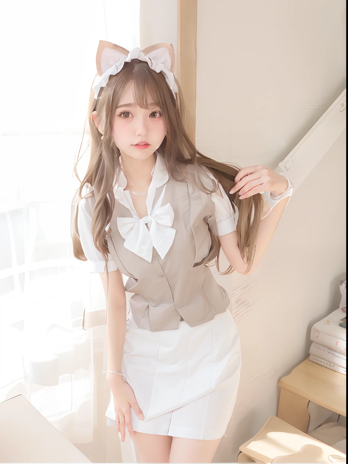 there is a woman in a short skirt and a white shirt, cosplay of a catboy! maid! dress, Maid outfit, maid costume, Maid dress, anime cat girl in a maid costume, wearing maid uniform, anime girl in a maid costume, smooth white tight clothes suit, High quality clothing, japanese maid cafe, ( Waitress ) Girl, Anime girl cosplay