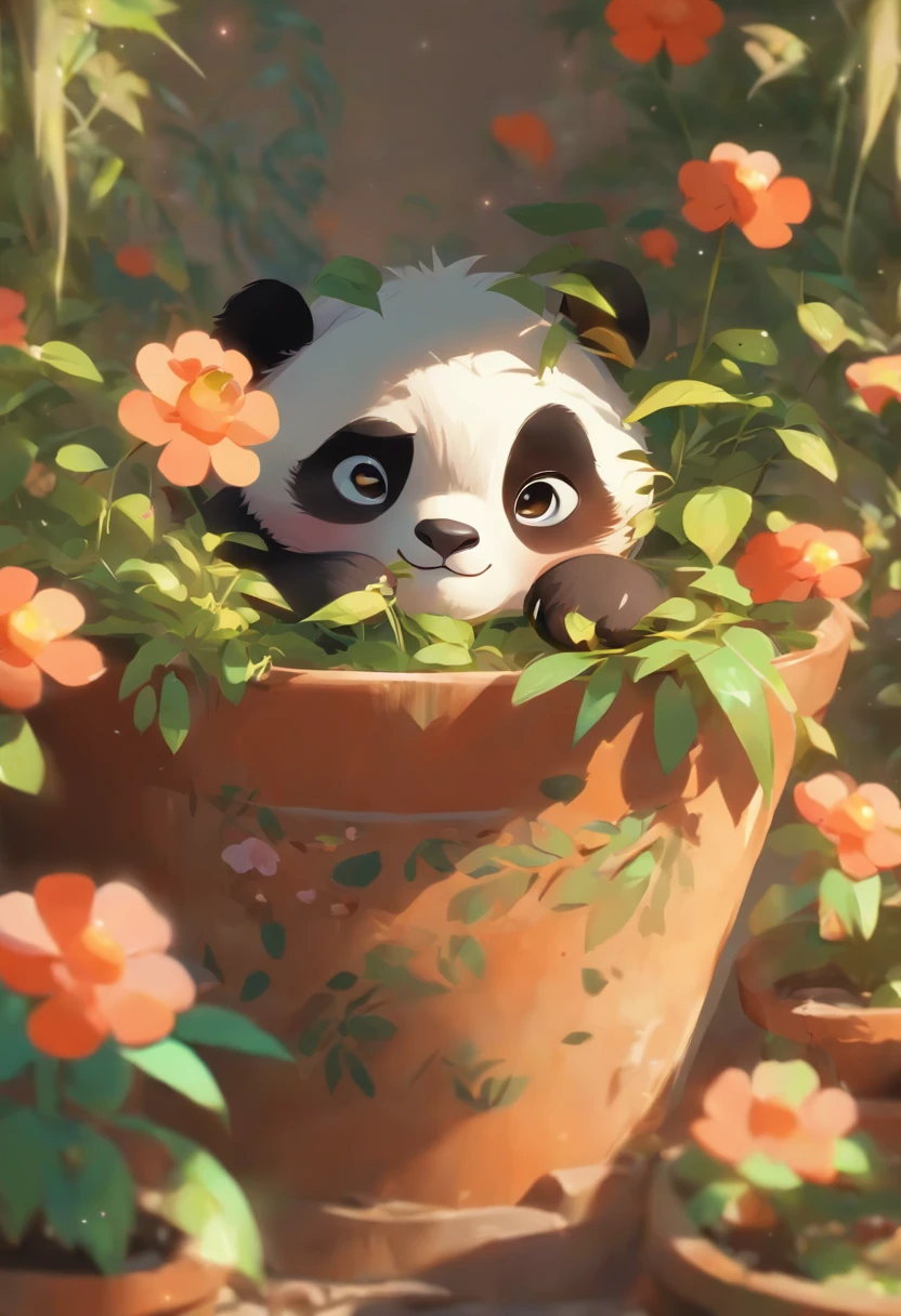 A cute panda lying on his stomach in a flower pot，Has big eyes，Blushlush，Lazy，greet，high detal