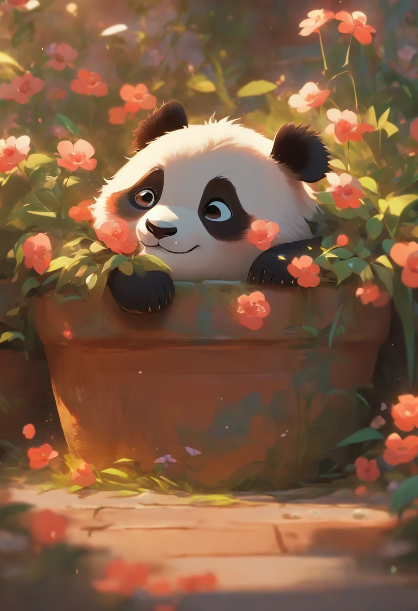 A cute panda lying on his stomach in a flower pot,Has big eyes,Blushlush,Lazy,greet,high detal