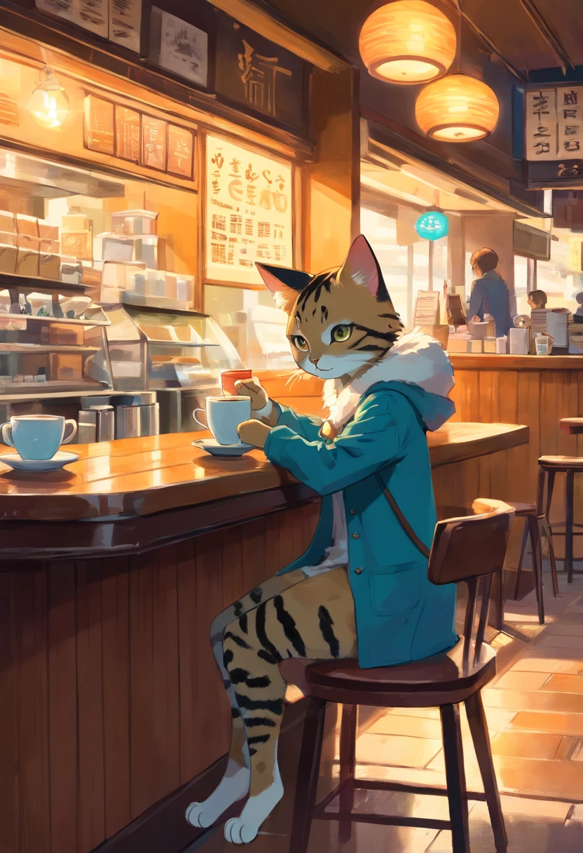 a humanoid cat drinking coffee at a coffee shop, art by [Esao Andrews]