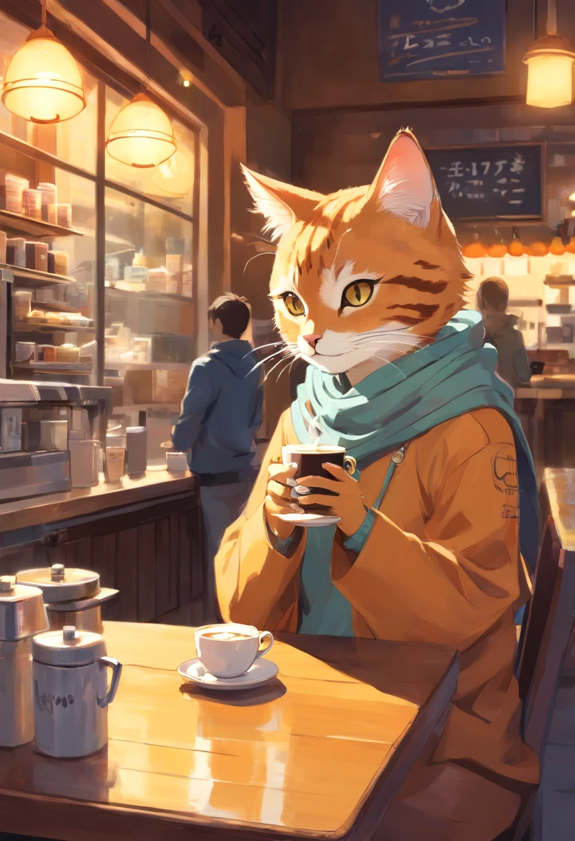 a humanoid cat drinking coffee at a coffee shop, art by [Esao Andrews]