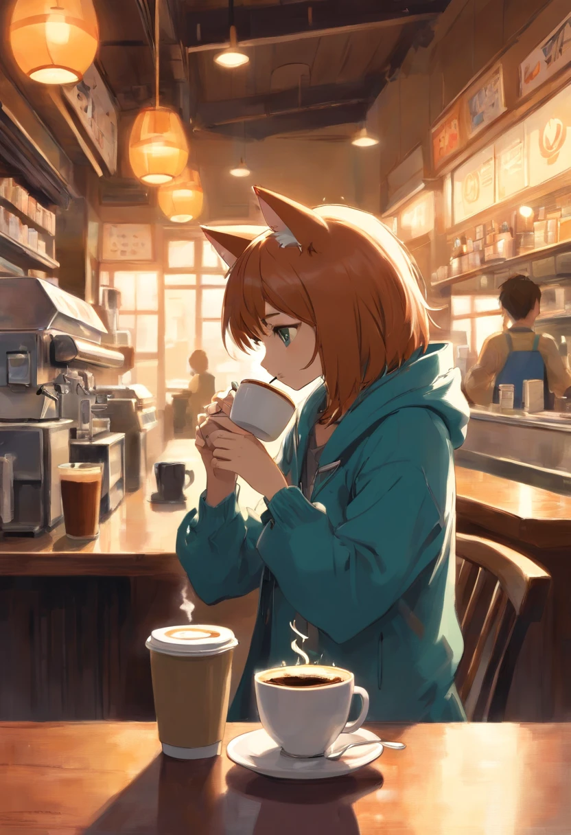 a humanoid cat drinking coffee at a coffee shop, art by [Esao Andrews]