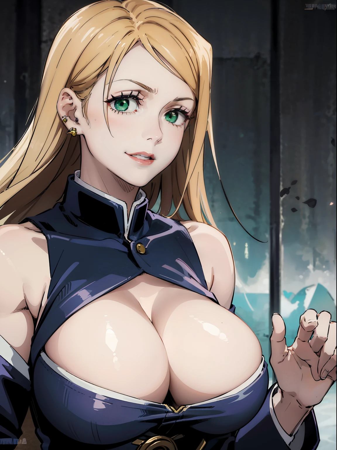 Good quality, 2D, full body, 1woman, white skin, long hair, blonde hair, green eyes, red lips, pink eyeshadow, gyaru, smile, ear piercings, gorgeous face, huge boobs, based in Jujutsu kaisen art style