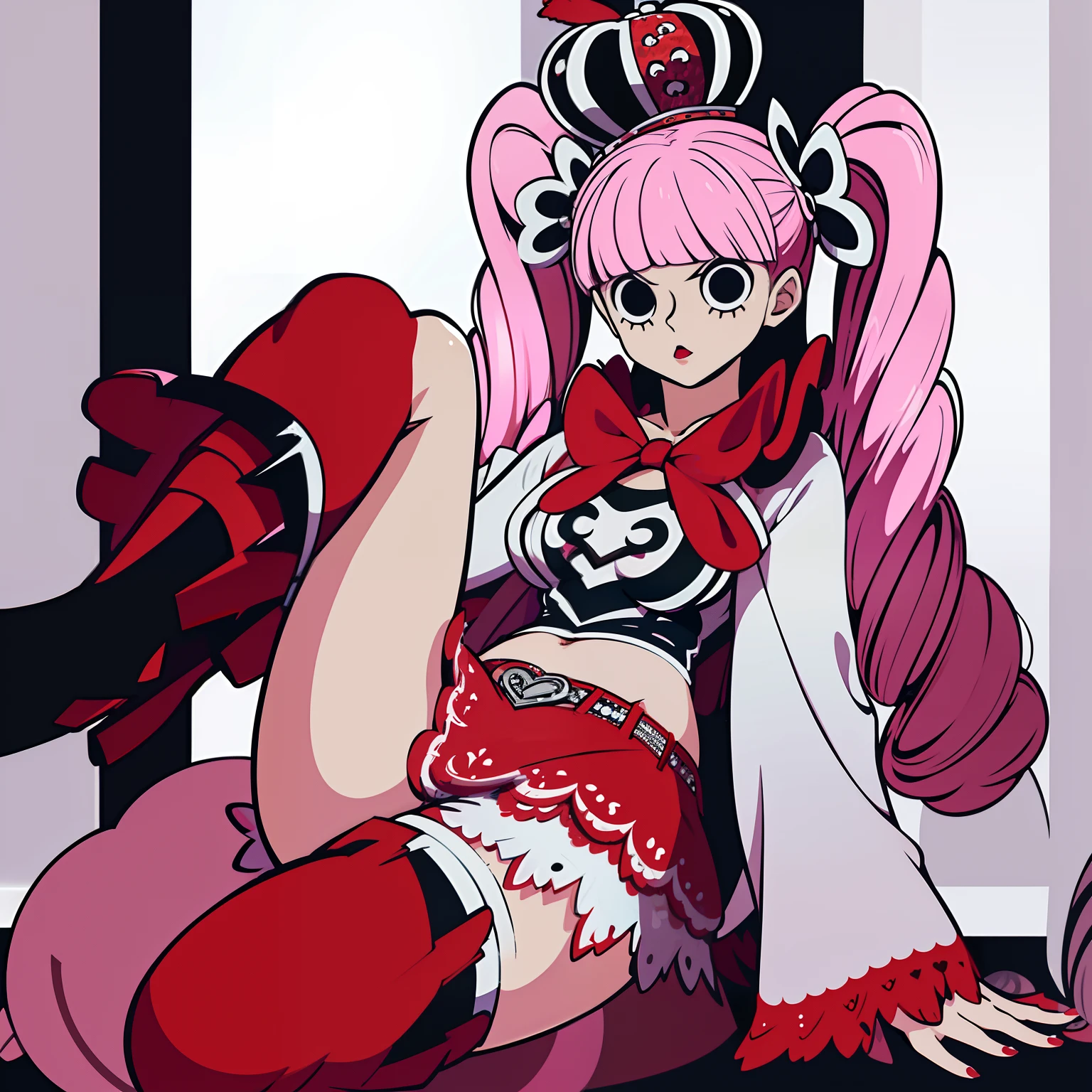 PeronaChan, cheems_perona_v3, pink hair, black eyes, blunt bangs, drill hair, red lipstick, twintails, crown, black and white stockings, red boots, red capelet, white shirt with sleeves, red skirt, perfect anatomy, solo