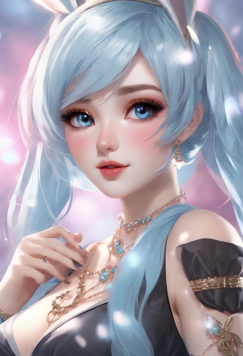 (of the best quality:1.3),4K,8K,8K portrait,16 km,(Works by Masut:1.2),1 girl in,solo,(minimalistic:1.5),opal,super-detailed,Absurdity,(Very detailed beautiful face and eyes:1.3), (Beautiful hair in high detail:1.3),exquisite composition, (all body:1.5),(Full-length characters:1.5), Super cute girl,(Medium hair:1.4),Pink eyes,light blue eyes,(Pink hair:1.2),(light blue hair:1.4),(Playboy bunny:1.6),(Jewelry hair accessories:1.3), (Jewelry eyes:1.3),(eyelashes:1.2),(Symbols in the eye:1.3),(high-resolution, Twinkle,iridescent,lens flares,light particles,shining:1.3),(adorable:1.5)